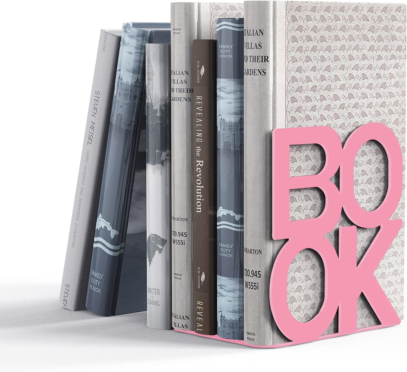 Book Ends - Decorative Metal Book Ends Supports for Bookrack Desk,Books, Unique Appearance Design,Heavy Duty (Pink, 2 Pair)