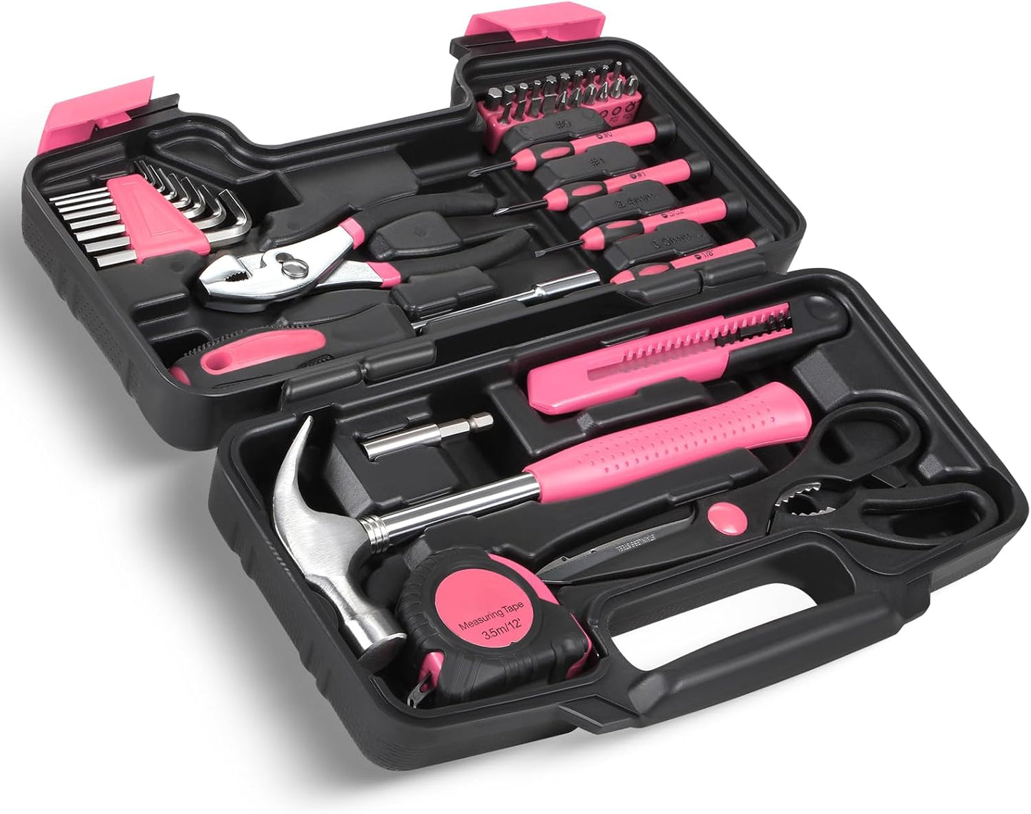 Magshion 39-Piece Household Tool Set, Small Hand Tool Kit for Home, Garage, Office, and Dorm Repairs, Includes Hammer, Pliers, Screwdrivers, Hex Keys & Storage Case (Pink)