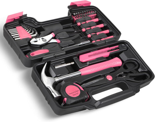 Magshion 39-Piece Household Tool Set, Small Hand Tool Kit for Home, Garage, Office, and Dorm Repairs, Includes Hammer, Pliers, Screwdrivers, Hex Keys & Storage Case (Pink)