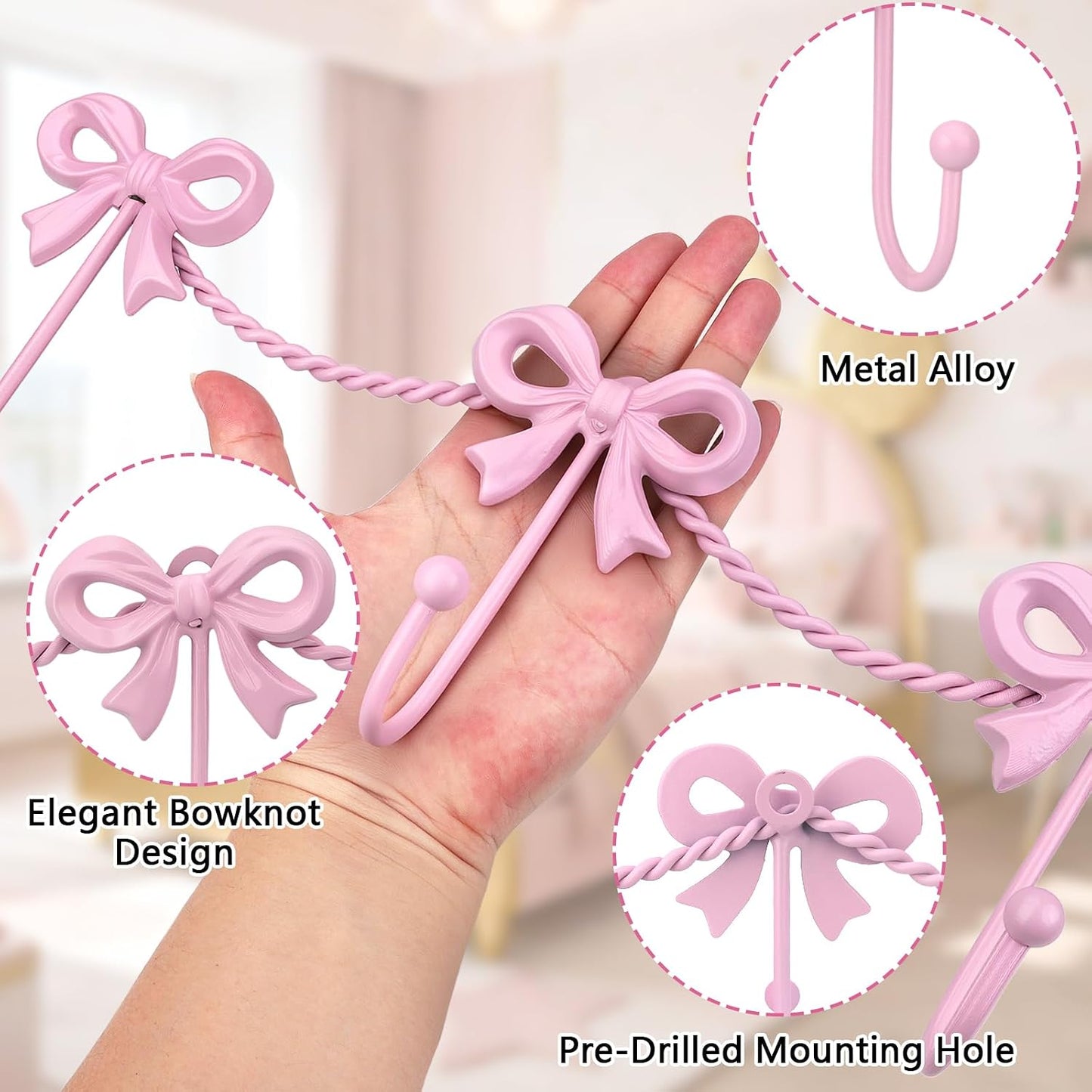 Pink Bow Hooks Bow Wall Hook, 3 Bow Knot Coat Hooks Metal Bowknot Towel Hooks Door Hanger Holder for Wedding Bathroom Bags Coats Hats Coffee Mugs Room Kitchen Decorations (Pink-A)