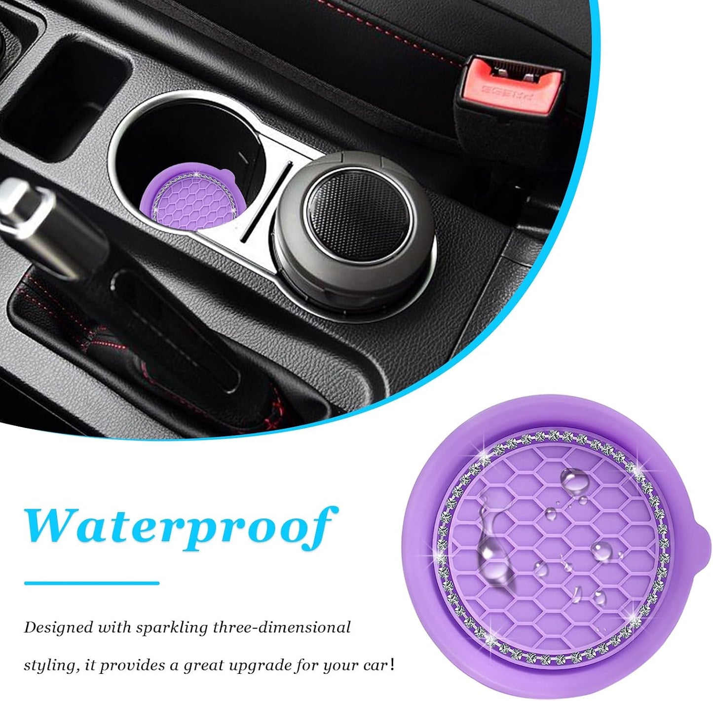 Ziciner 2 PCS Car Cup Coaster Holders, 3.15 Inch Silicone Anti-Slip Auto Insert Coaster, Crystal Rhinestone Car Drink Cup Mat, Universal Durable Auto Interior Accessories (Purple, 2Pack)