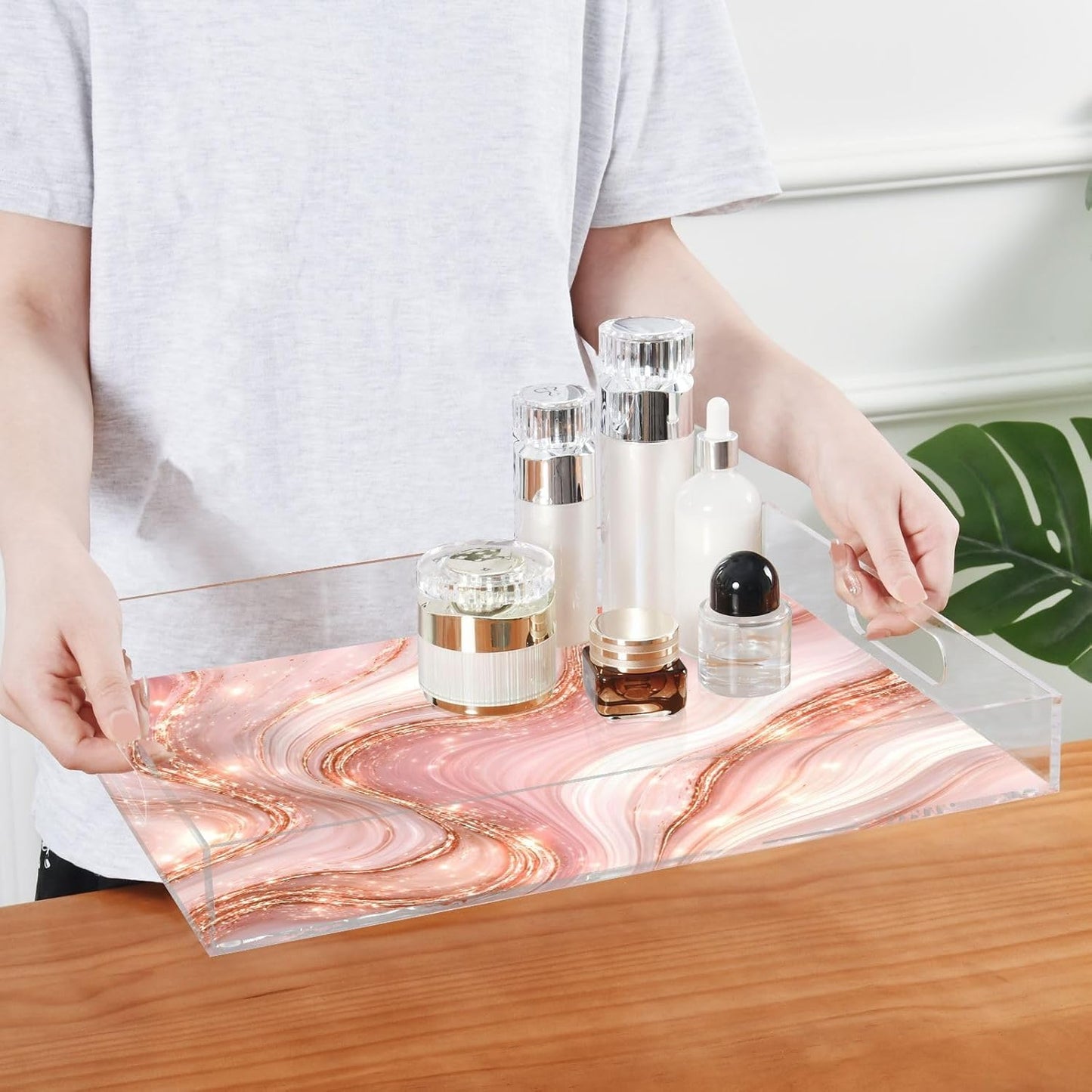 Elegant Marble Pink Gold Serving Tray 12" x 16" Acrylic Trays with Handles Decorative Serving Platter for Coffee, Breakfast in Bed, Dinner, Appetizers, Patio, Party