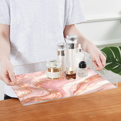 Elegant Marble Pink Gold Serving Tray 12" x 16" Acrylic Trays with Handles Decorative Serving Platter for Coffee, Breakfast in Bed, Dinner, Appetizers, Patio, Party
