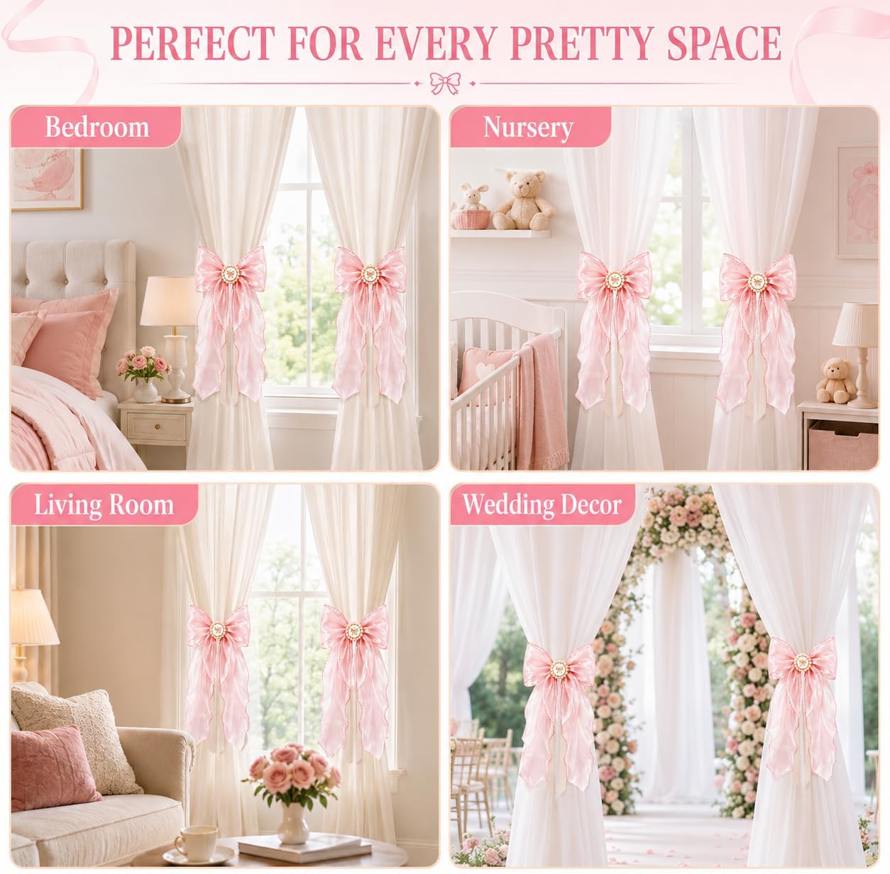 2 Pack Pink Bow Curtain Tiebacks - Decorative Satin Curtain Holdbacks for Girls Room Decor, Cute Curtains Accessories for Nursery Decor, Princess Bedroom & Pink Aesthetic Room