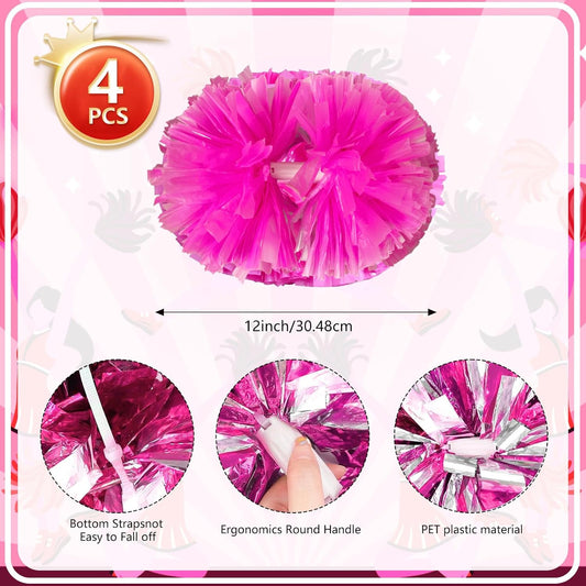 4 Pcs Metallic Cheerleading Pom Poms, 12Inch Cheerleader Pompoms with Baton Handle for School Team Sports Games Dance Cheer