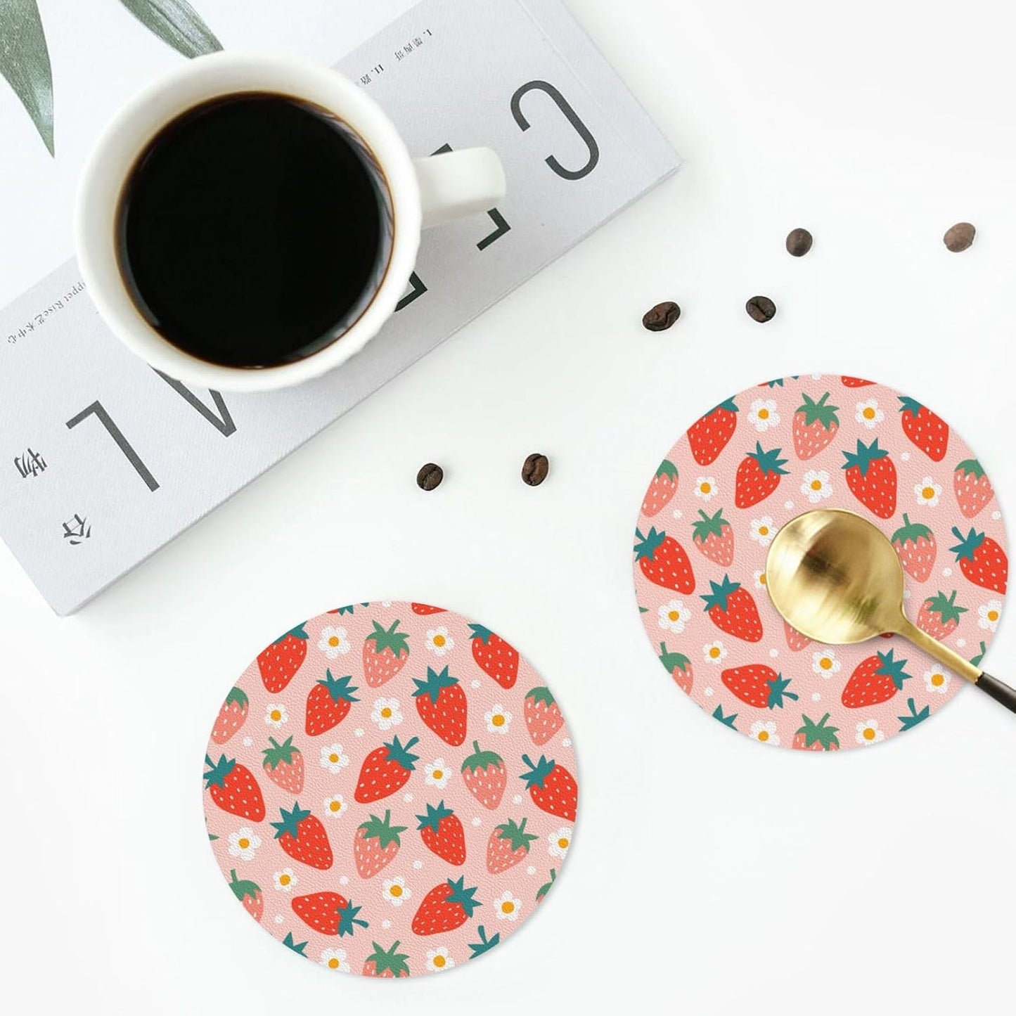 Strawberry and Flowers Cute Pink 6 Pcs Drink Coasters - Leather Coasters Set - Resistant Round Coaster Non-Slip Table Mat - Kitchen Bar Home Decor Housewarming Gift