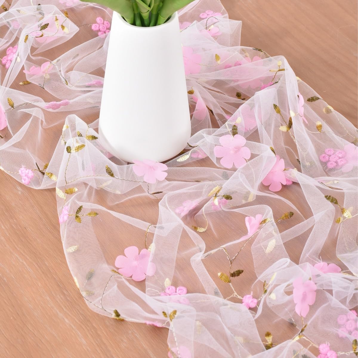Joanlody Pink Floral Table Runner 10ft Embroidery Wildflowers Summer Seasonal Rustic Gauze Runner for Baby Shower Wedding Party Holiday Home Kitchen Dining Table Decor