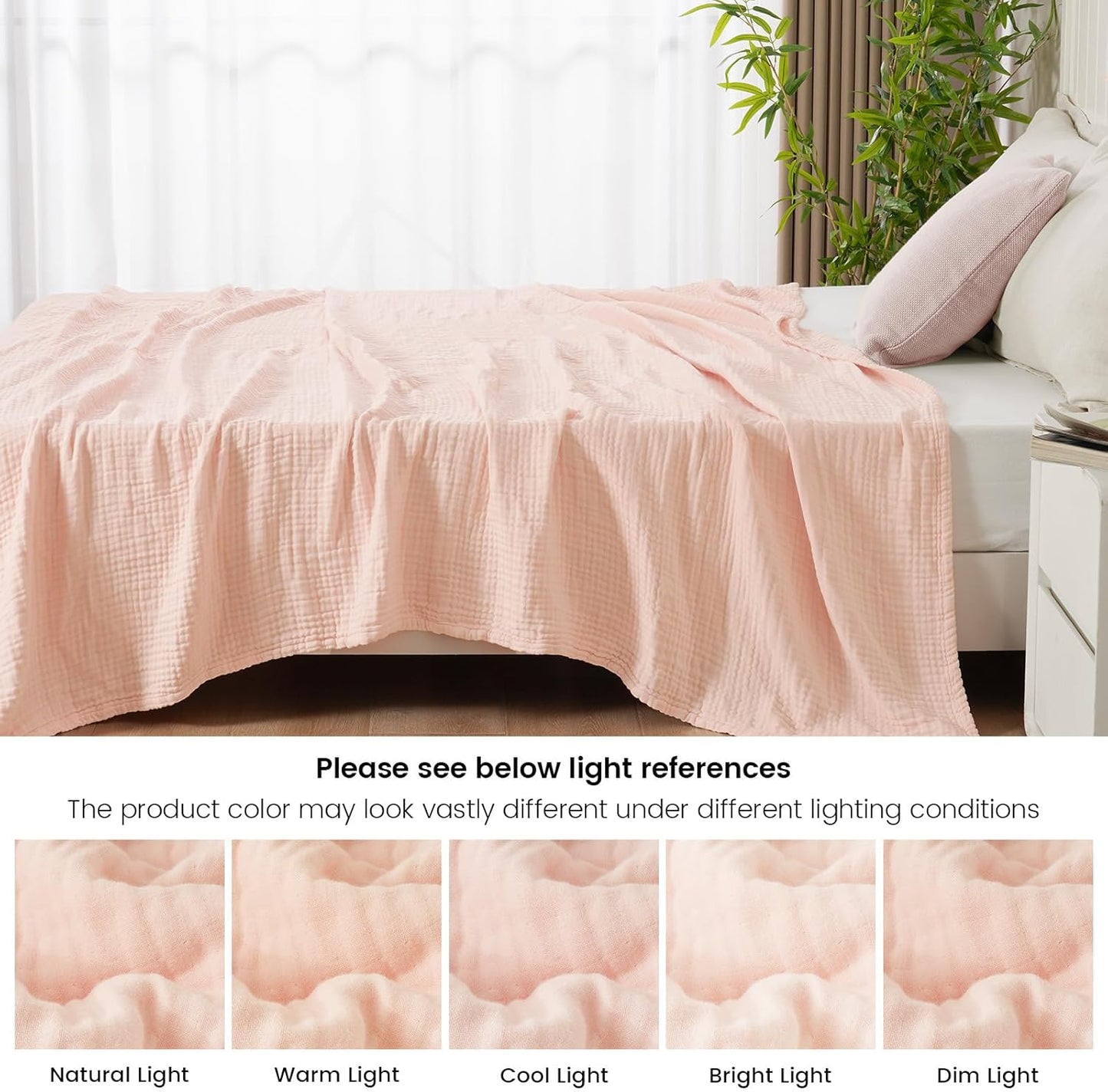 PHF Cooling Muslin Blanket King Size, Lightweight Gauze Blanket for Adults, 60% Rayon Derived from Bamboo & 40% Cotton for Summer, 4-Layer Soft Breathable for Hot Sleepers, 108"x90", Pink Rose