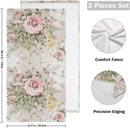 2 Pack Pink Rose Floral Hand Towels for Bathroom,Absorbent Shabby Chic Peony Flower Bouquet Green Leaves Fingertip Guest Decorative Bath Towels,Soft Dish Towels for Kitchen Decor 14"x28"