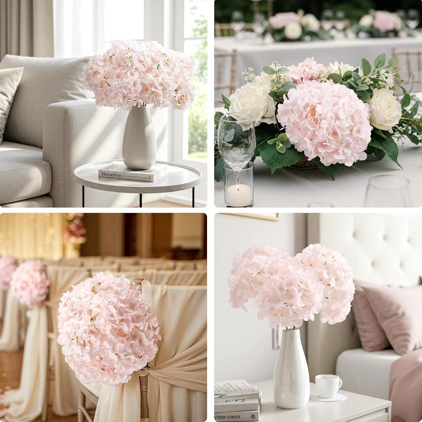 Auihiay 10PCS Hydrangea Artificial Flowers, Faux Hydrangeas Flower for Wedding Centerpieces, DIY Bouquets, Bridal Shower, Floral Decor Home Decoration with Stems (VASE NOT Included)-Light Pink