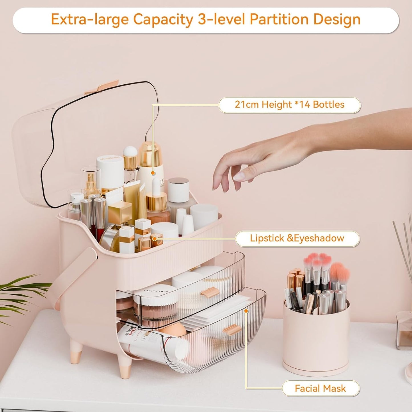 Yieach Countertop Makeup Organizer With Lid,Large Skincare Organizers With 2 Drawers,Dustproof Cosmetic Display Cases for Bathroom,Dresser,Lotion,Beauty,Skin Care Holder,Makeup Storage Organizer,Pink