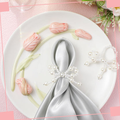 12 Pcs Pearl Bow Napkin Rings Imitation Bow Pearl Ring Napkin Holder Delicate Beaded Serviette Buckles for Christmas Wedding Party Dinner Table Decor and Daily Use(Elegant)