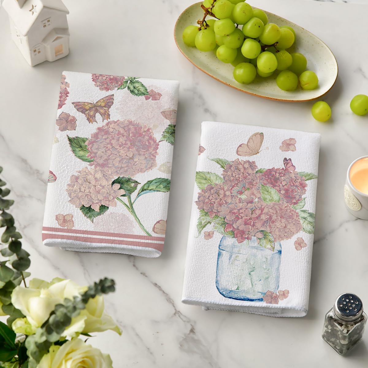 Artoid Mode Pink Hydrangea Vase Butterfly Spring Kitchen Towels Dish Towels, 18x26 Inch Summer Flowers Holiday Decoration Cleaning Set of 2