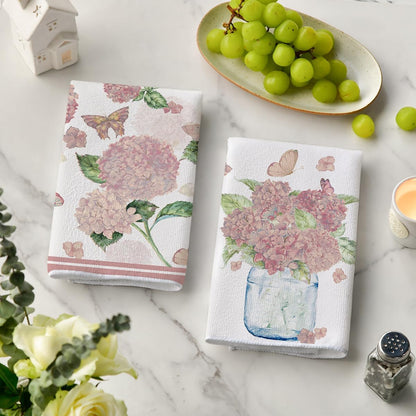 Artoid Mode Pink Hydrangea Vase Butterfly Spring Kitchen Towels Dish Towels, 18x26 Inch Summer Flowers Holiday Decoration Cleaning Set of 2