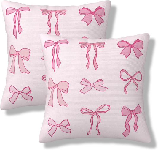 Bow Throw Pillow Covers 18x18 Set of 2 Pink Short Plush Pillows Case Cute Square Cushion Cover Decorative Pillowcases for Couch Bed Sofa
