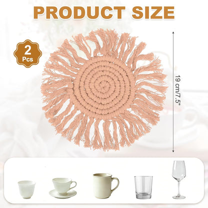 uxcell 2Pcs Boho Coasters, Round Handmade Woven Absorbent Coasters with Tassel Farmhouse Cup Mat Table Protection for Coffee Drink Mug Home Office Decor Housewarming Gift, Lotus Root Pink