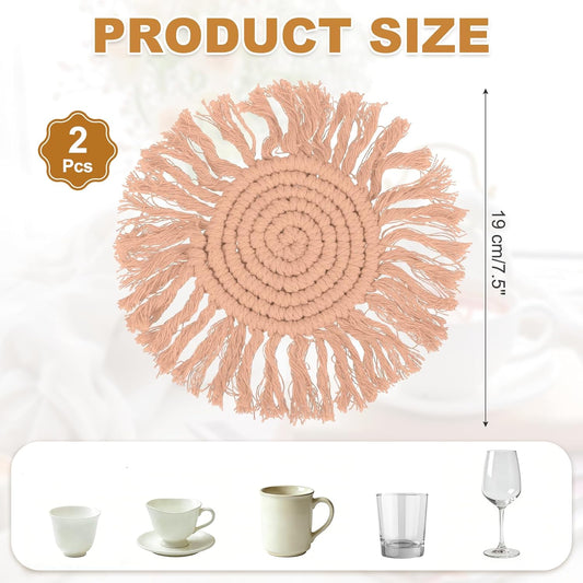 uxcell 2Pcs Boho Coasters, Round Handmade Woven Absorbent Coasters with Tassel Farmhouse Cup Mat Table Protection for Coffee Drink Mug Home Office Decor Housewarming Gift, Lotus Root Pink