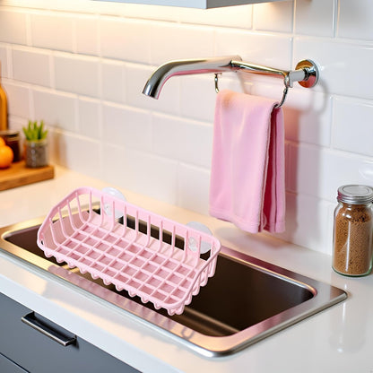 Pink Multifunctional Drain Rack, Hanging Storage Rack Drain Rack Sink Shelf Suction Cup Dishwashing Soap Sponge Holder for Kitchen Accessories