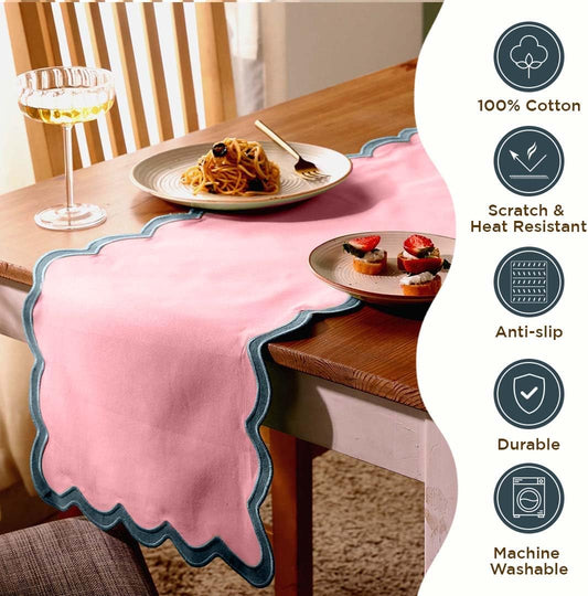 Folkulture Table Runner 108 inches Long | Scalloped Pink Table Runner for Dining Room, Party Decorations | 100% Cotton, Machine Washable, Farmhouse Table Runner for Hannah Montana Party Decorations