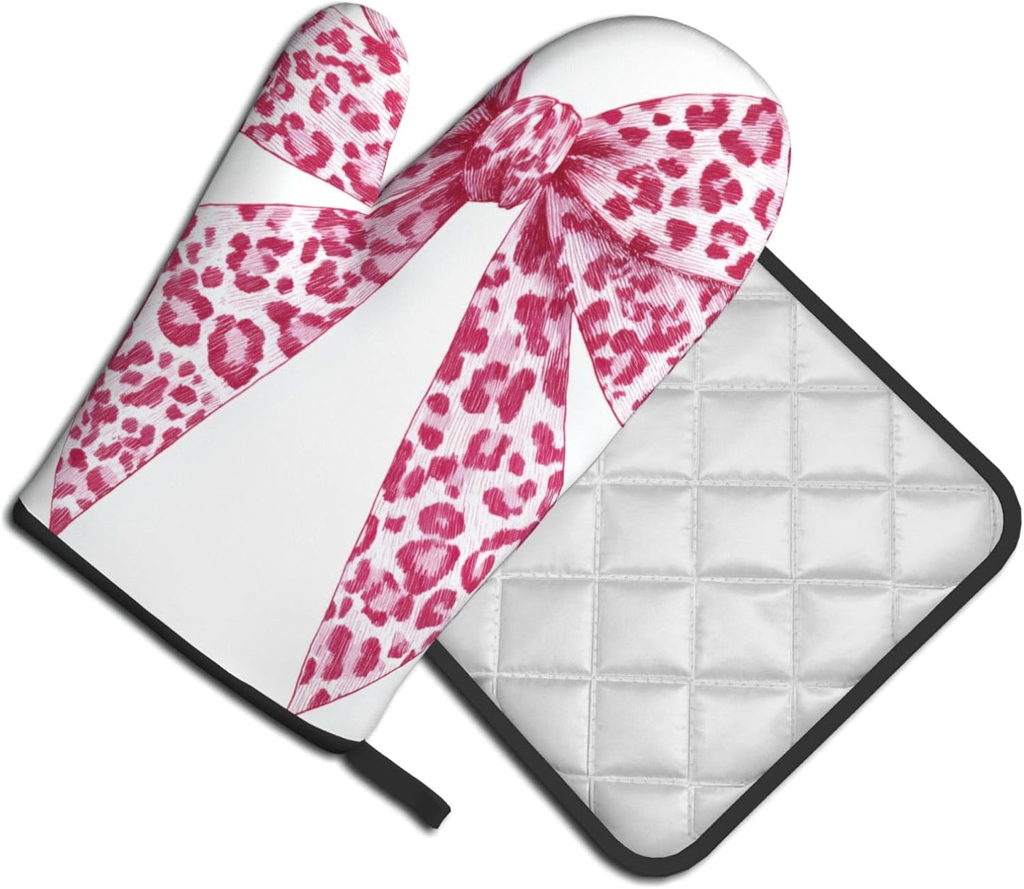 Light Pink Leopard Bow Oven Mitts and Pot Holders Sets,Heat Resistant Potholder Kitchen Decor for Cooking Baking BBQ, Oven Glove Set