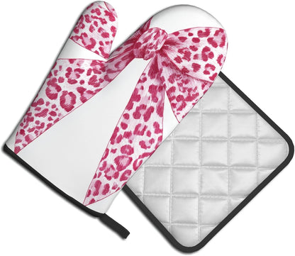 Light Pink Leopard Bow Oven Mitts and Pot Holders Sets,Heat Resistant Potholder Kitchen Decor for Cooking Baking BBQ, Oven Glove Set