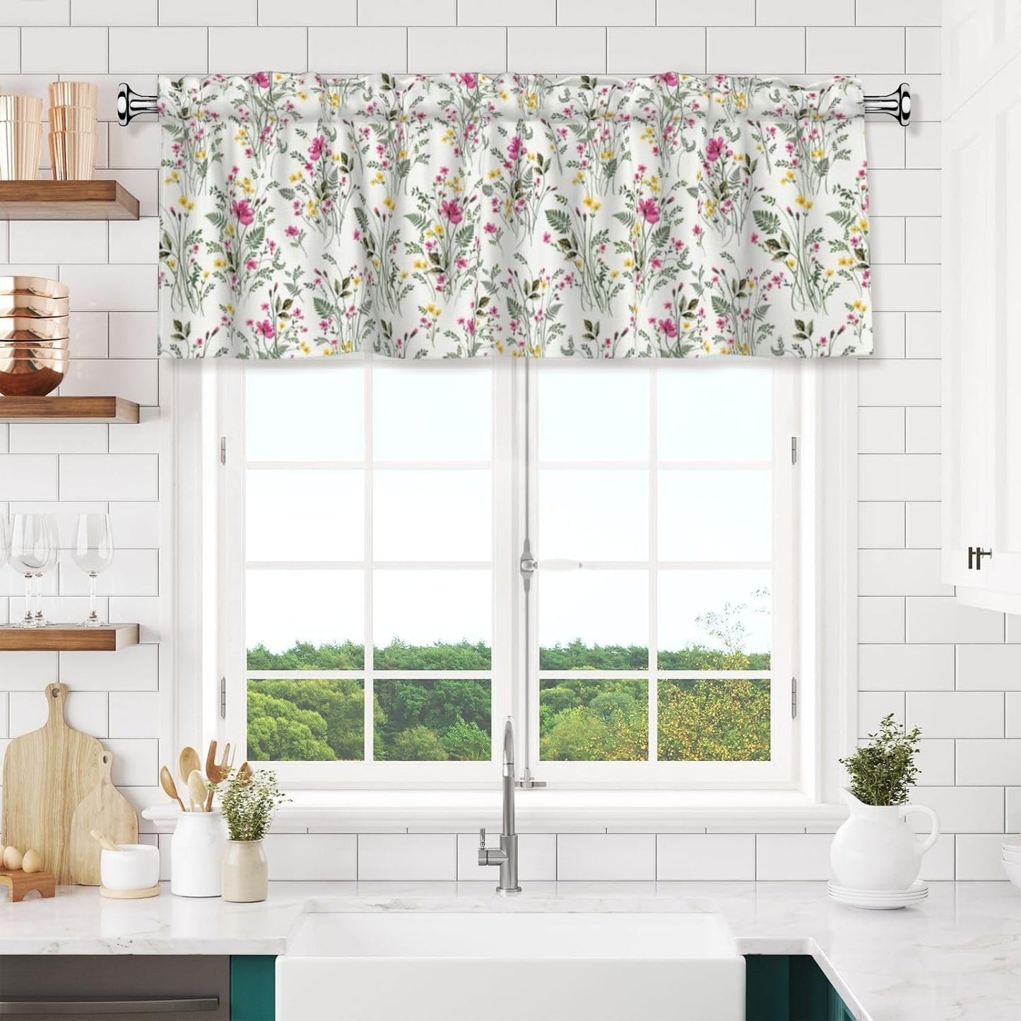Spring Valances for Windows - Pink Yellow Floral Cafe Curtains Green Leaf Short Curtains for Living Room Bathroom Bedroom Basement