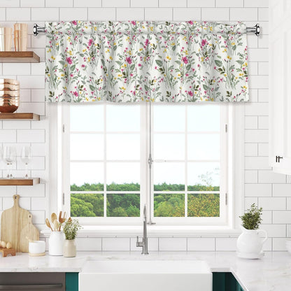 Spring Valances for Windows - Pink Yellow Floral Cafe Curtains Green Leaf Short Curtains for Living Room Bathroom Bedroom Basement