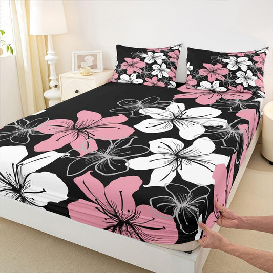 Peach Blossom Fitted Sheet Full Size,Romantic Vintage Flowers Bedding Set 3Pcs for Teens Women Bedroom Decor,Dusty Pink Floral Bed Sheets Deep Pocket Sheet,2 Pillowcases