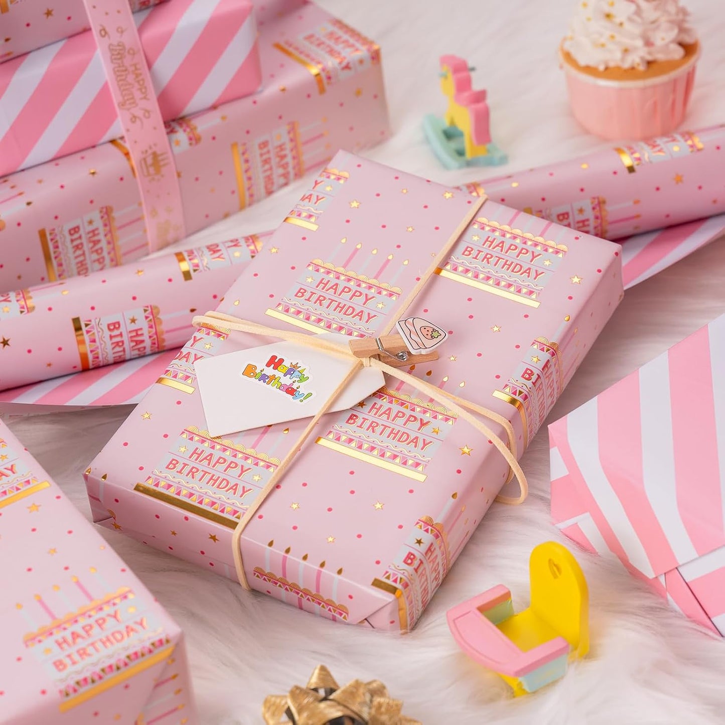 MAYPLUSS Pink Birthday Wrapping Paper Roll - 17 Inch X 16.5 Feet - Girly Shiny Metallic Pink Birthday Cake Pattern Reversible Gift Wrap Paper Pastel for Girl Baby Shower Wedding Bridal Shower
