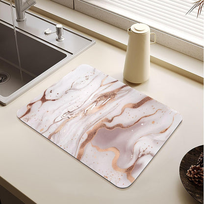 Dish Drying Mat Marble Gold Pink, Quick Dry Dish Drying Pad with Non-slip Rubber Backed, Super Absorbent Drainer Mats for Kitchen Counter, 16"x12"