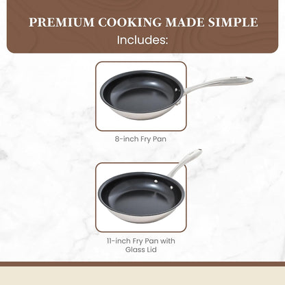 Non Stick Frying Pans - Tuxton Home Concentrix 2-Piece Stainless Steel Pan Set - Stove & Oven Compatible 8-inch & 11-inch Ceramic Frying Pan with Riveted Handles - Cinnebar Blush Pink Nonstick Pan Set