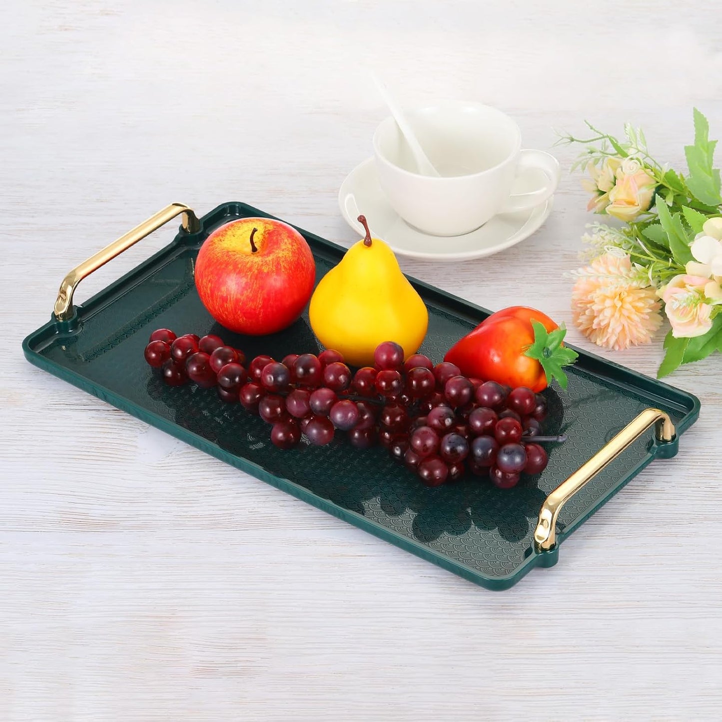 PATIKIL Plastic Serving Tray with Golden Handle, 16.1" x 8.7" Modern Rectangular Decorative Tray Reusable Jewelry Platter for Countertop Bathroom Kitchen, Pink
