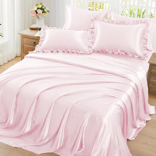 Homiest Ruffled Satin Sheets Queen Size 6pc Set - Blush Pink Bed Sheet Set with 15 Inch Deep Pocket Fitted Sheet, 1 Flat Sheet, 2 Ruffled Pillow Shams & 2 Pillowcases, Similar to Silk Sheets