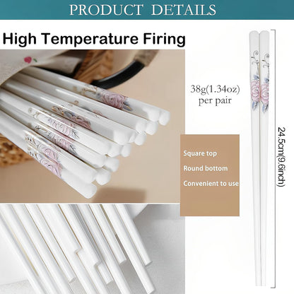 5 Pairs porcelain Chopsticks - Reusable Chopsticks Dishwasher Safe, 9.7 Inches (Pink Peonie)