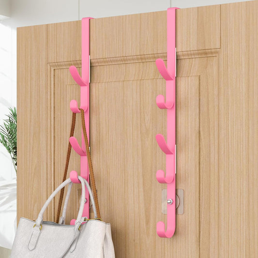 Kaiferty Over The Door Hooks, Metal Door Hooks for Hanging, Over The Door Purse Organizer for Door Coat Hanger, Back of Shower for Hanging Towel Rack Clothes, Hat, Bathroom, Closet (Pink-2Packs)