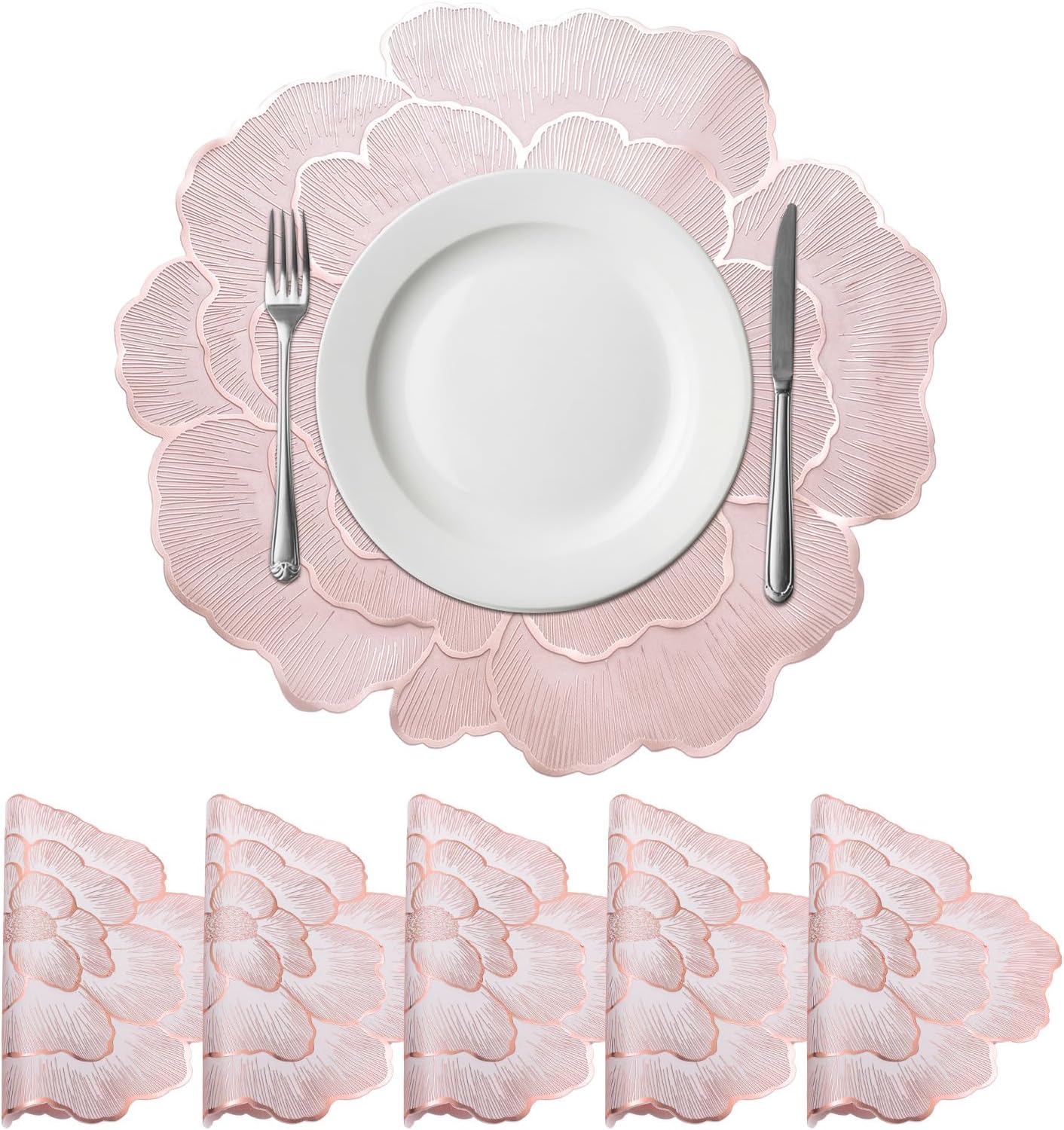 uxcell White Pink Floral Rose Round Placemats Set of 6 for Dinner Tables, Metallic Polyvinyl Pressed Placemats Washable Table Mats for Dinner Table Decor (15" x 15"/38 x 38cm)