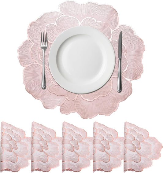 uxcell White Pink Floral Rose Round Placemats Set of 6 for Dinner Tables, Metallic Polyvinyl Pressed Placemats Washable Table Mats for Dinner Table Decor (15" x 15"/38 x 38cm)
