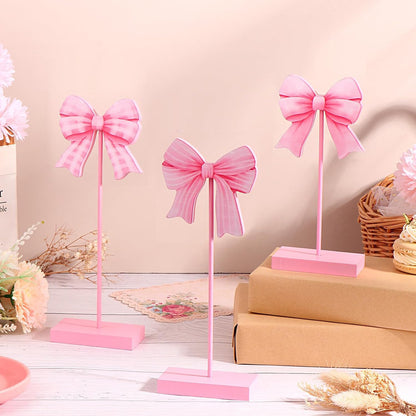 3 Pcs Small Bow Wooden Sign Tall Standing Block Coquette Room Decor Bow Centerpieces for Table Topper Girly Coquette Party Tiered Tray (Pink Bow)