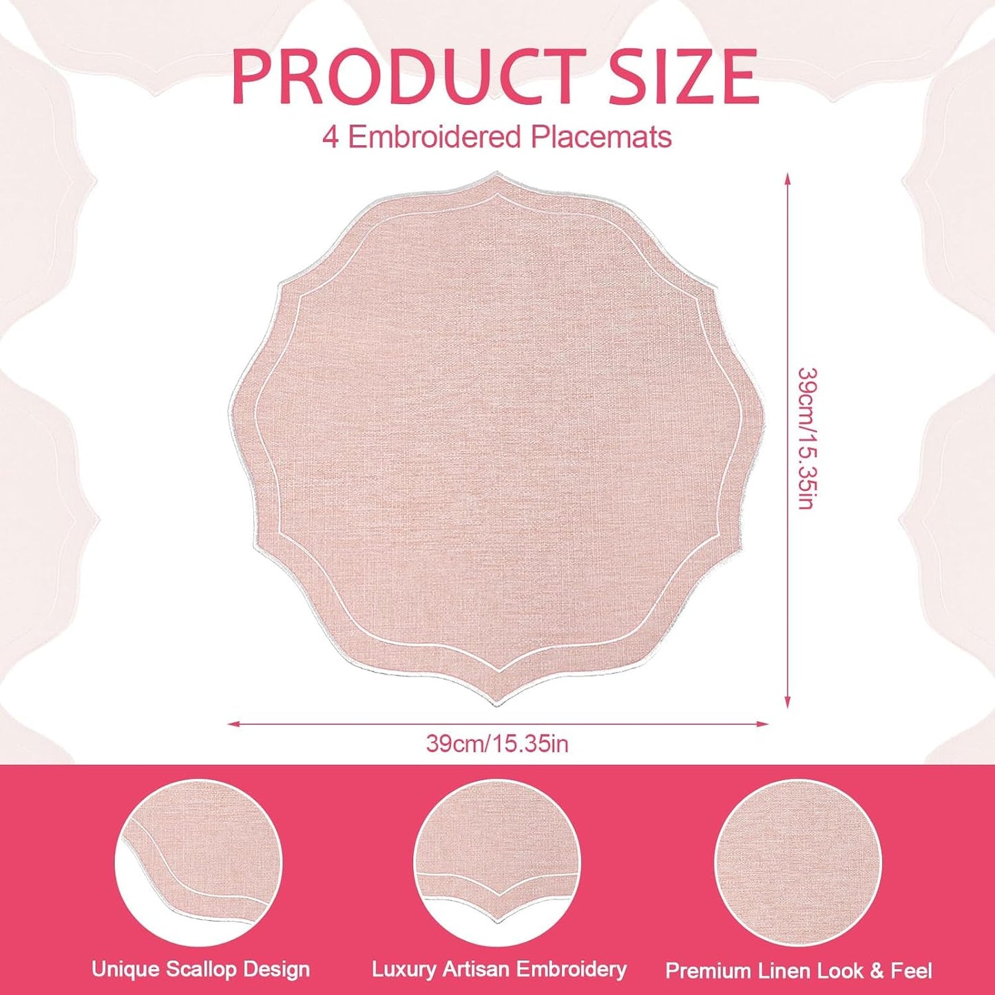 Set of 8 Cotton Linen Placemats, 15x15 Round Scalloped Cloth Table Mats, Embroidery Machine Washable, Wrinkle Resistance Fabric Place Mats for Wedding Summer Baby Shower Party Table Decor-Pink