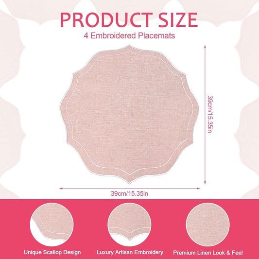 Set of 8 Cotton Linen Placemats, 15x15 Round Scalloped Cloth Table Mats, Embroidery Machine Washable, Wrinkle Resistance Fabric Place Mats for Wedding Summer Baby Shower Party Table Decor-Pink