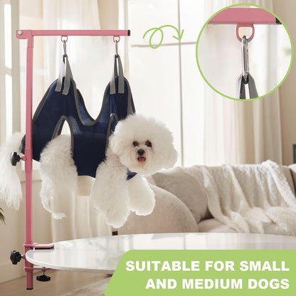 Home Dog Grooming Table Arm with Hammock 35" Height Adjustable Dog Grooming Arm with Clamp No-Sit Haunch Holders Durable Pink(Grooming Table Not Included)