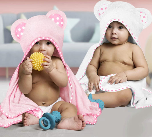 Set of 2 Hooded Baby Towels – White and Pink – Luxurious, Large and Super Absorbent – 30 x 30 Inch – Soft and Suitable for Infants, Toddlers and Kids – 400 GSM