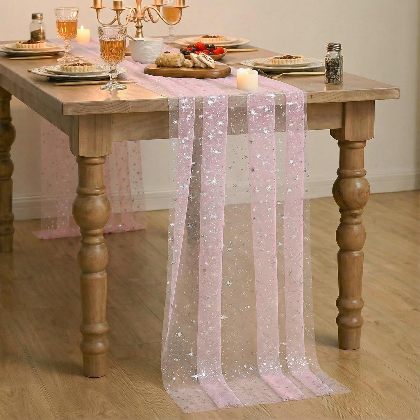 Artoid Mode Silver Stars Pink Gauze Table Runner 120 Inch 10FT, Reversible Glitter Sheer Dining Wedding Holiday Birthday Table Decor for Home Party