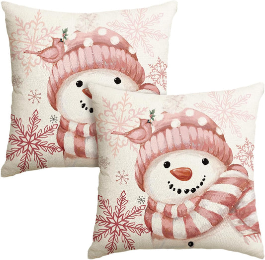 AVOIN colorlife Winter Snowman Snowflake Bird Throw Pillow Covers Set of 2, 18 x 18 Inch Pink Seasonal Christmas Holiday Cushion Case Decoration for Sofa Couch