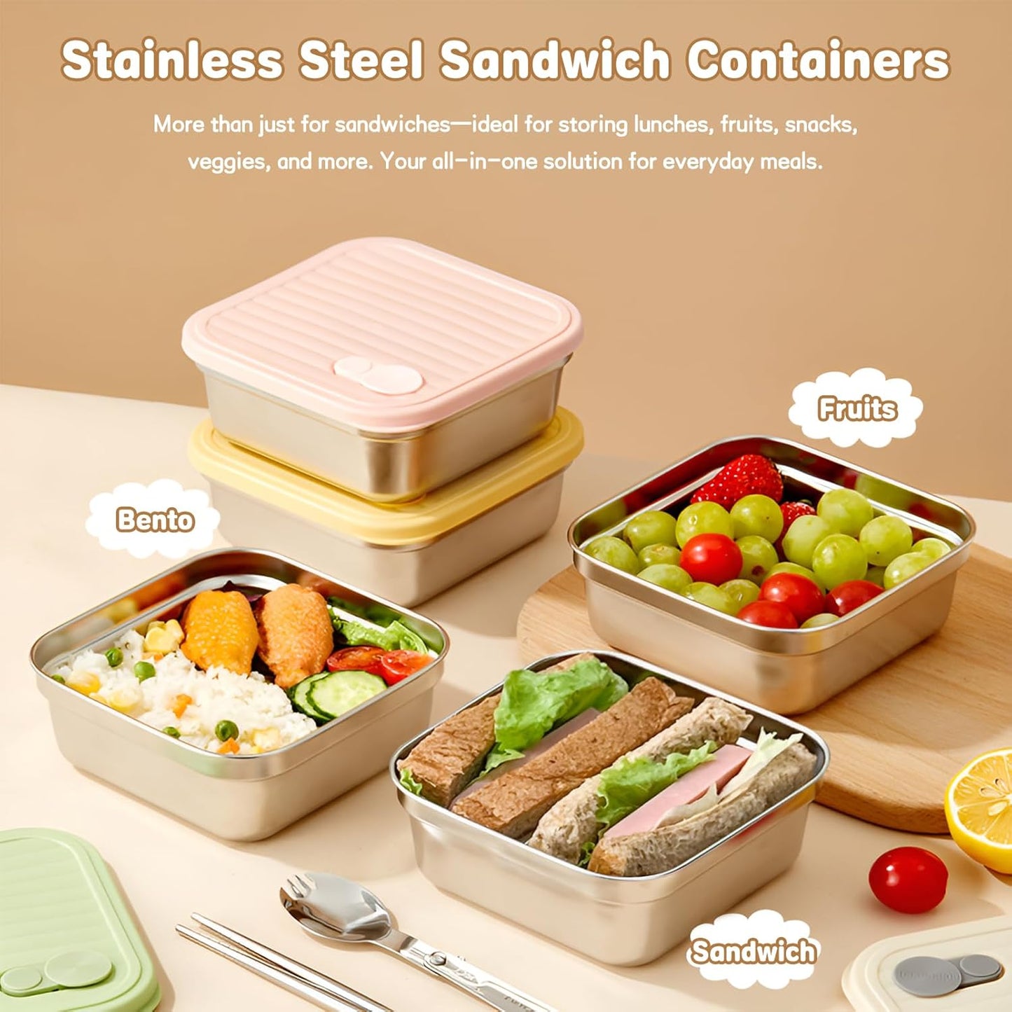 2 Pack Sandwich Containers, 20oz Stainless Steel Sandwich Box with Lids, Reusable Metal Meal Prep Lunch Boxes, BPA-Free, Dishwasher Safe, Food Storage Containers for Snacks & Fruits (White, Pink)