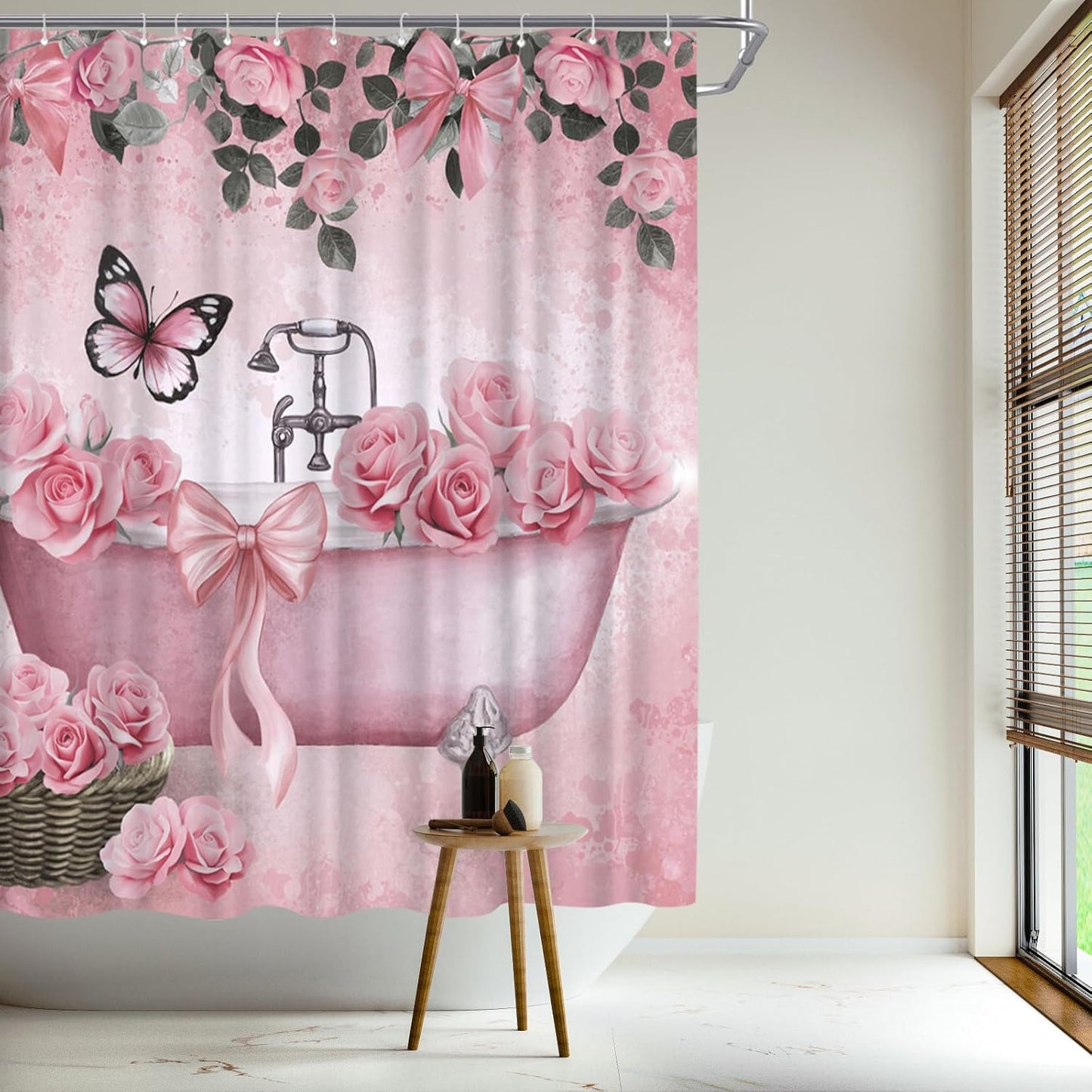 WELMECO Bow Shower Curtain Rose Flower Butterfly Bathtub Painting Printed Cute Bows Polyester Fabric Bathroom Decor Curtain, 72x72inch with Hooks (Pink)