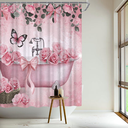 WELMECO Bow Shower Curtain Rose Flower Butterfly Bathtub Painting Printed Cute Bows Polyester Fabric Bathroom Decor Curtain, 72x72inch with Hooks (Pink)