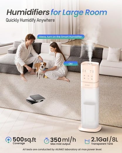 Smart Humidifier Large Room, 2.1Gal/8L Humidifiers for Bedroom with Extended Tube&Night Light, Whole House Cool Mist Humidifiers, WIFI App&Voice Control, School/Office/Warehouse, Pale Pink