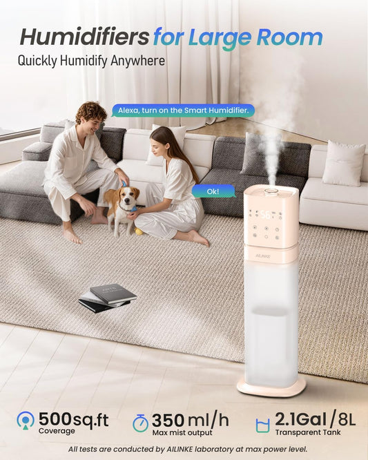 Smart Humidifier Large Room, 2.1Gal/8L Humidifiers for Bedroom with Extended Tube&Night Light, Whole House Cool Mist Humidifiers, WIFI App&Voice Control, School/Office/Warehouse, Pale Pink