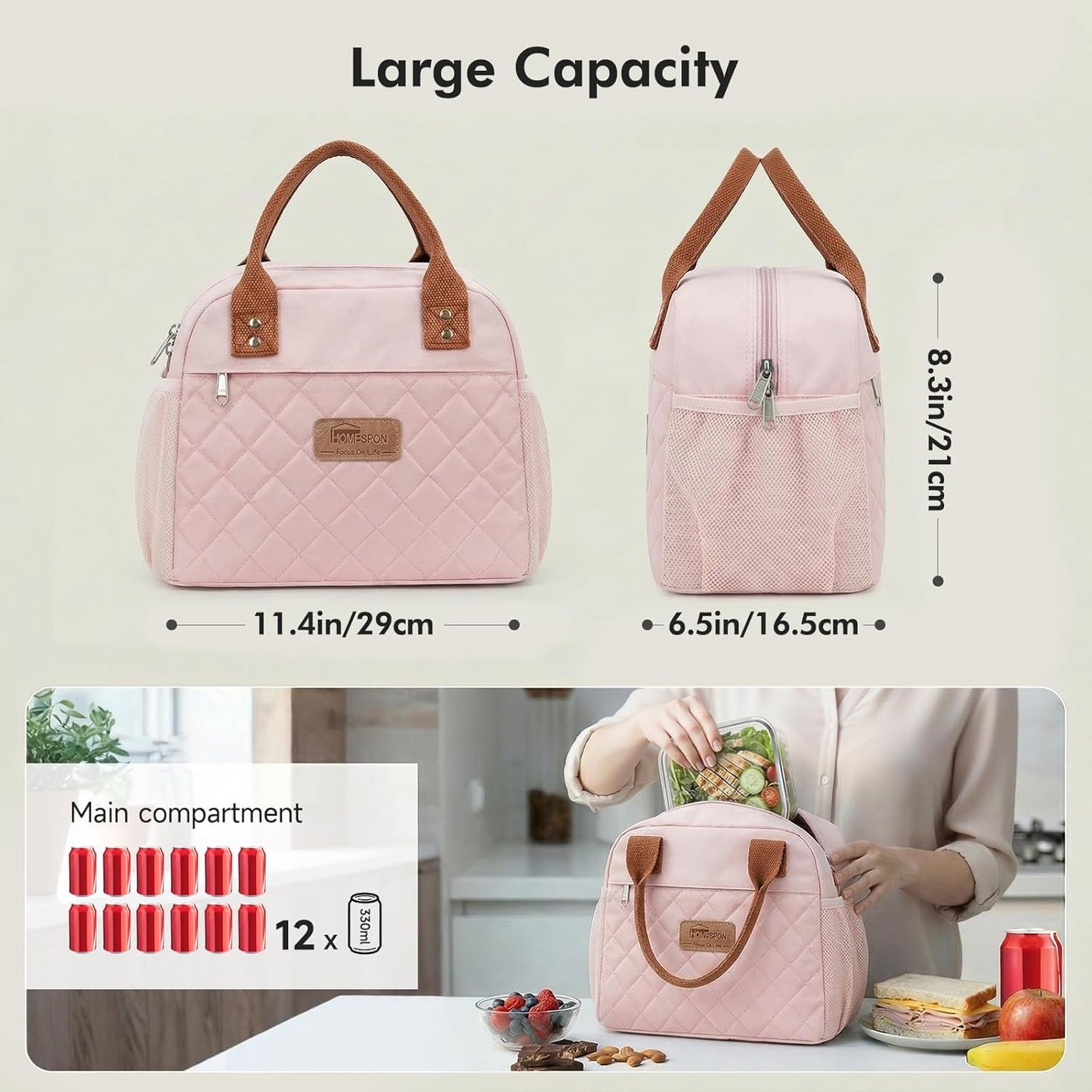 HOMESPON Insulated Lunch Bag for Women Men Adults Lunch Tote with Front Pocket Lunch Box Container Cooler Bag for Work Picnic (Pink)